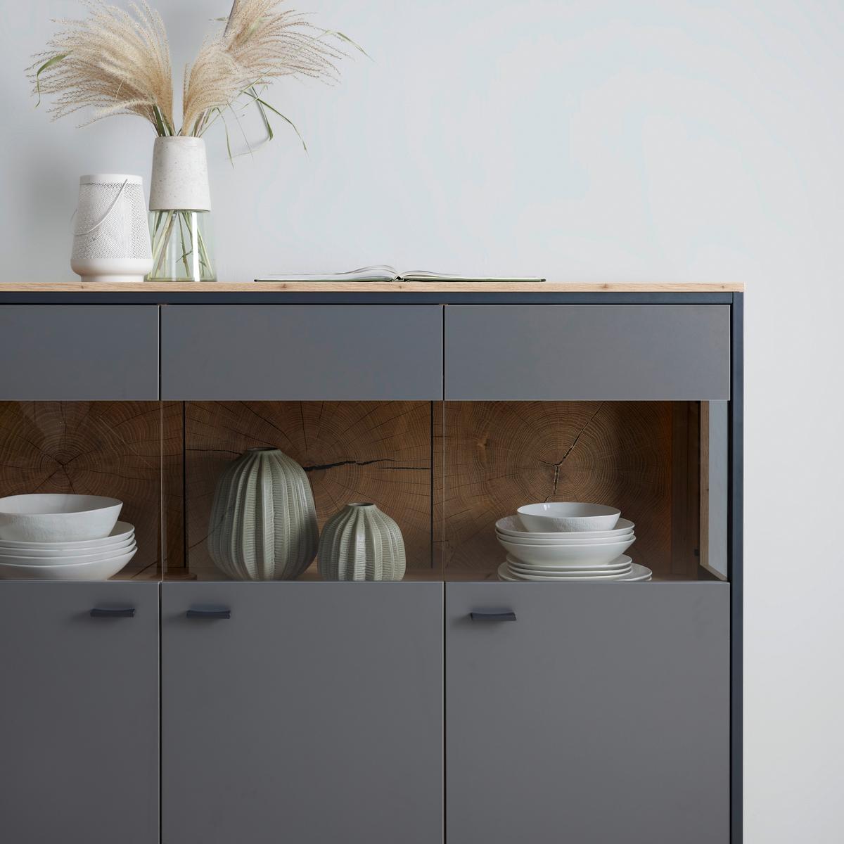 Highboard Florenz Grau/Eiche Artisan - Schwarz/Eiche Artisan, Modern, Glas/Holzwerkstoff (150,2/121,5/38cm) - Premium Living