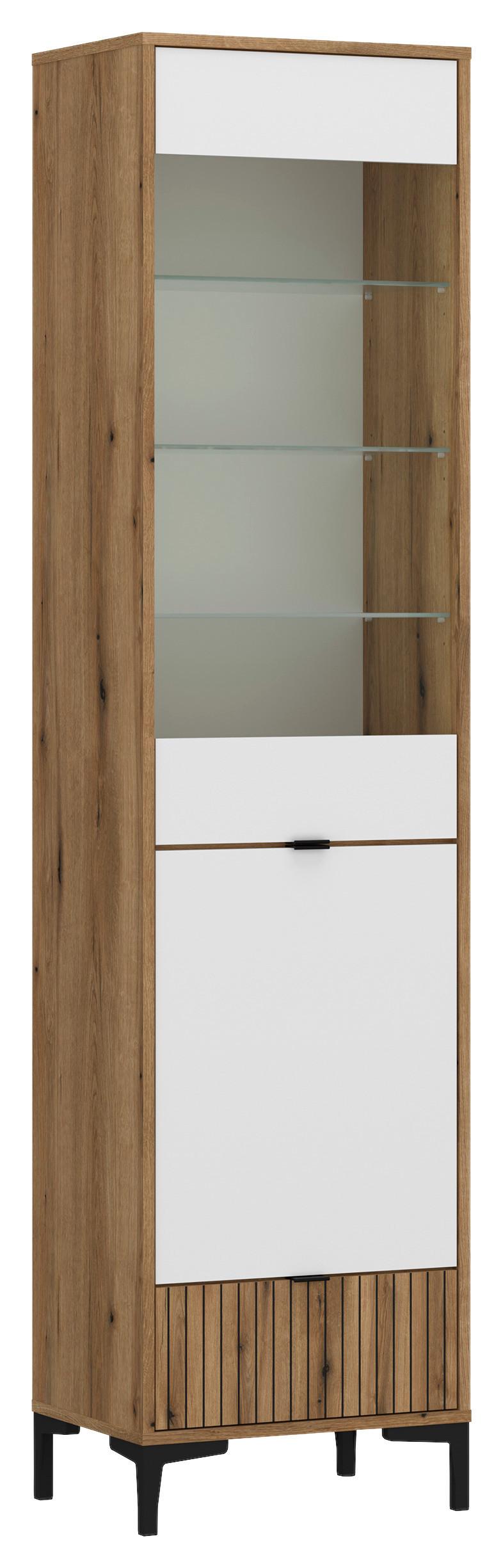 VITRINĂ RICKO - alb/culoare lemn stejar, Trend, sticlă/material pe bază de lemn (47,6/198/40cm) - Modern Living