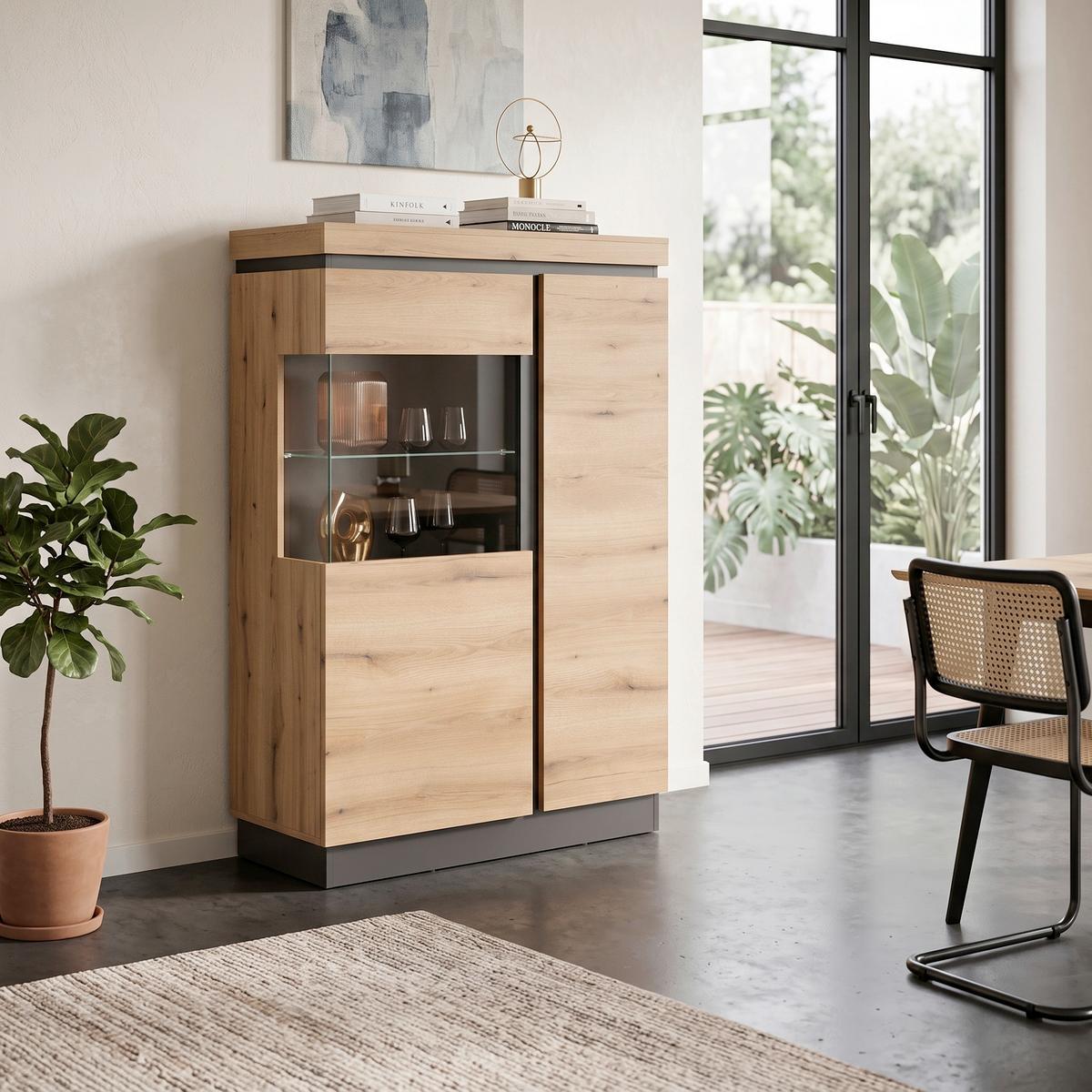 Comodă Înaltă Corte - culoare lemn stejar/gri, Trend, sticlă/material pe bază de lemn (103,6/163,5/40cm) - Modern Living