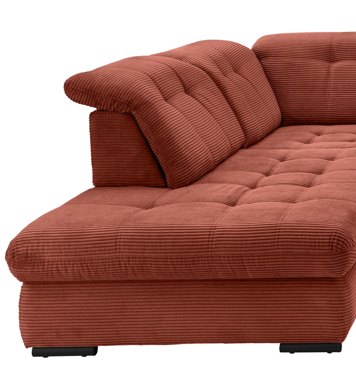 Wohnlandschaft Rigatti Koralle Cord mit Bettkasten - Koralle/Schwarz, MODERN, Textil/Metall (252/387/184cm) - Livetastic