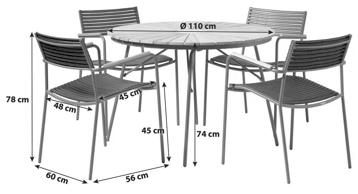 Gartentischgruppe Ellen Anthrazit/Teak 5-tlg. - Anthrazit/Schwarz, Natur, Holz/Kunststoff - Gardenson