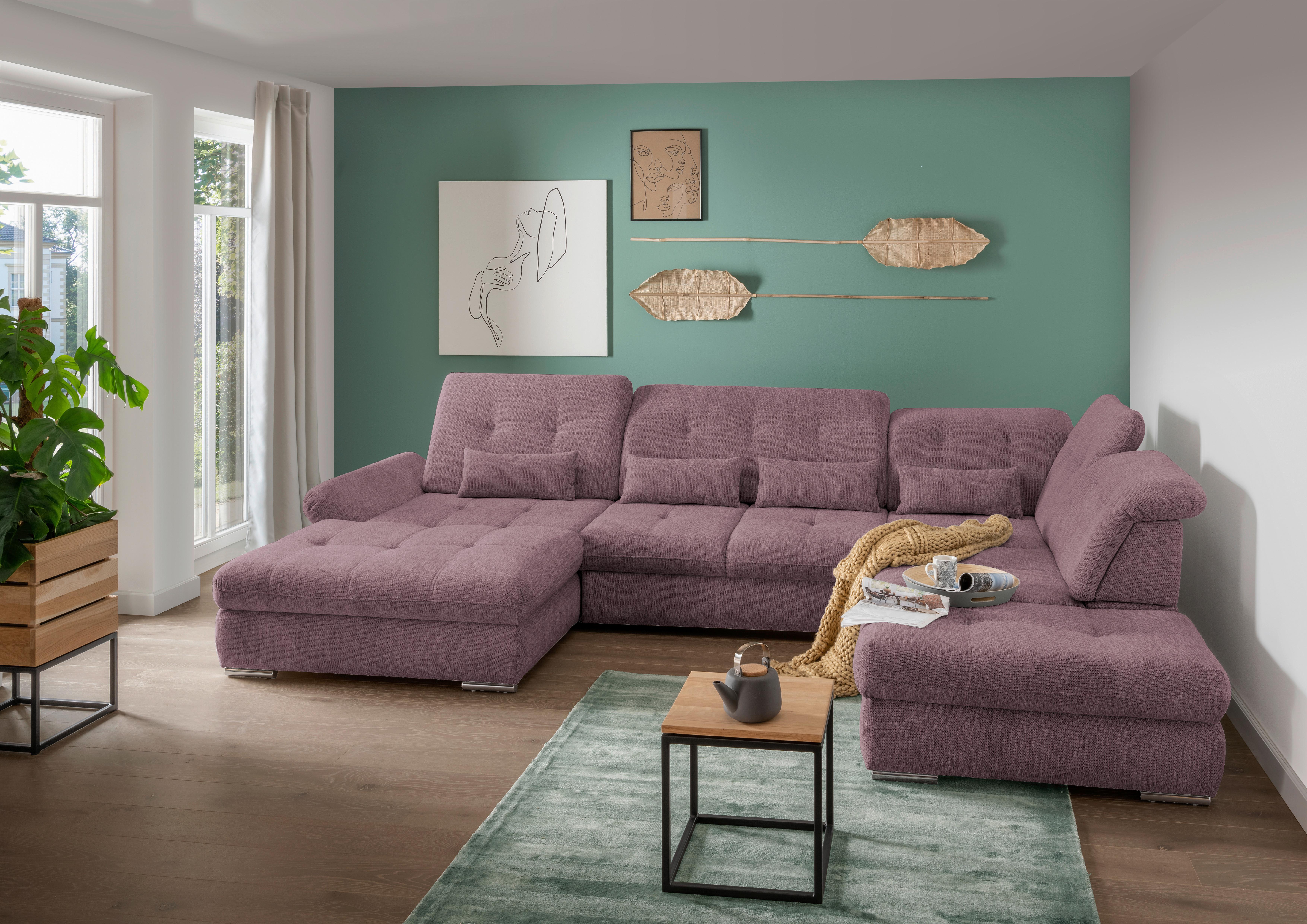 Wohnlandschaft Dalida Brombeere Chenille - Chromfarben/Brombeere, Design, Textil/Metall (195/376/254cm) - Livetastic