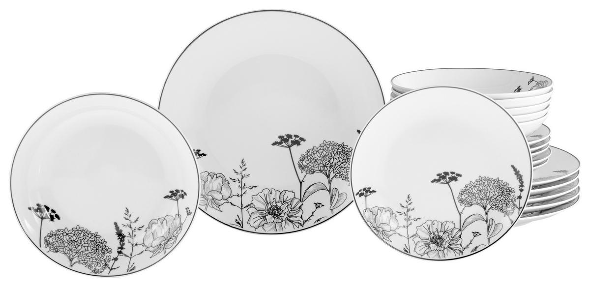 Jedilni Servis Luna Black Flower, 18-Delni - črna/sivobela, Basics, keramika - Creatable