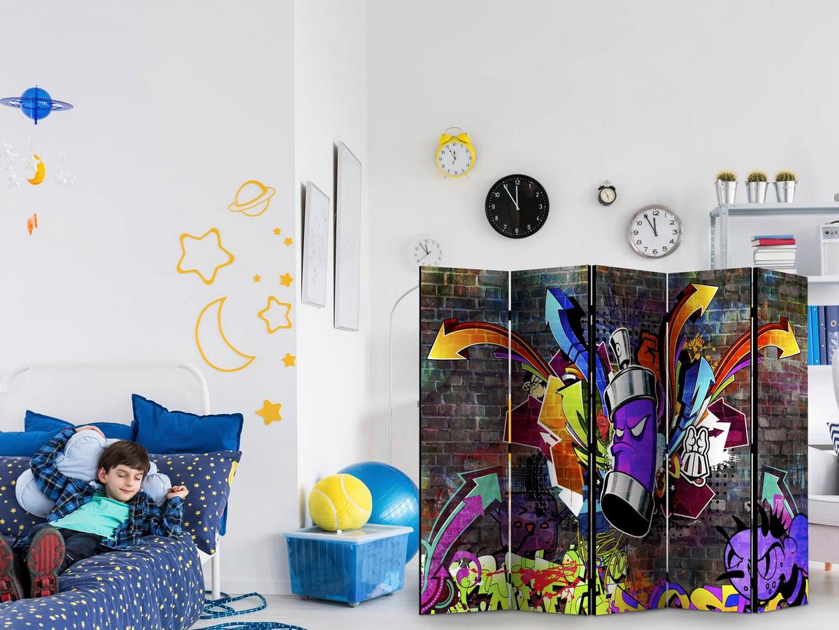 Paravent Graffiti Colourful Attack II Multicolor - Rotbraun/Multicolor, Basics, Holz/Textil (225/172/3cm) - artgeist