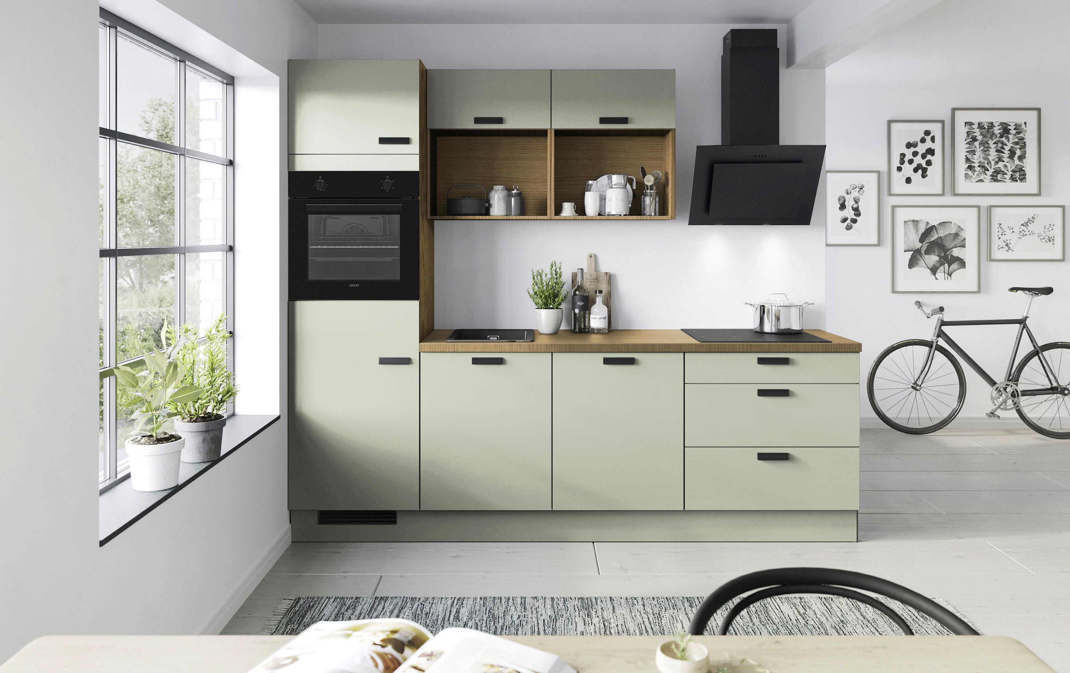 Küchenblock IP1200 Salbeigrün ohne Geräte - Salbeigrün/Eichefarben, MODERN, Holzwerkstoff/Metall (260cm) - Impuls