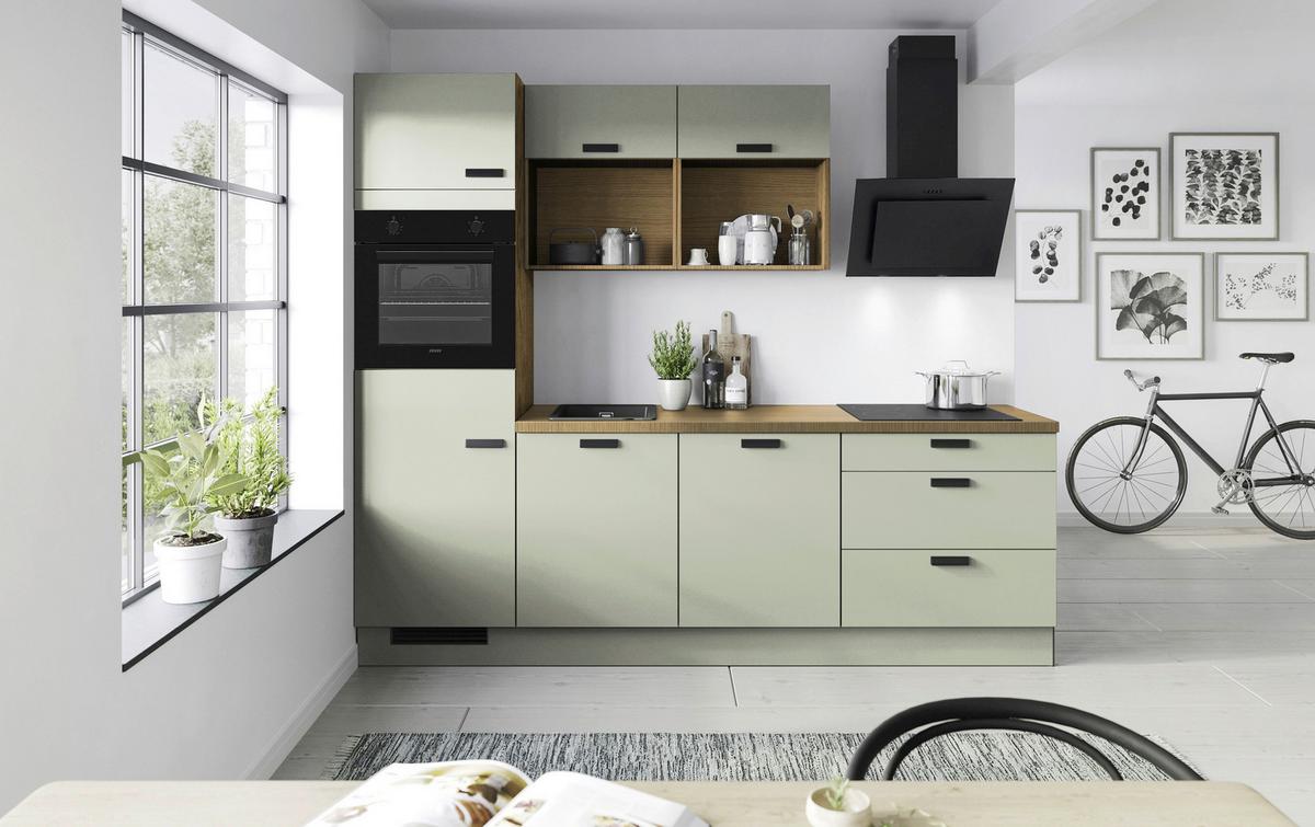 Küchenblock IP1200 Salbeigrün ohne Geräte - Salbeigrün/Eichefarben, MODERN, Holzwerkstoff/Metall (260cm) - Impuls