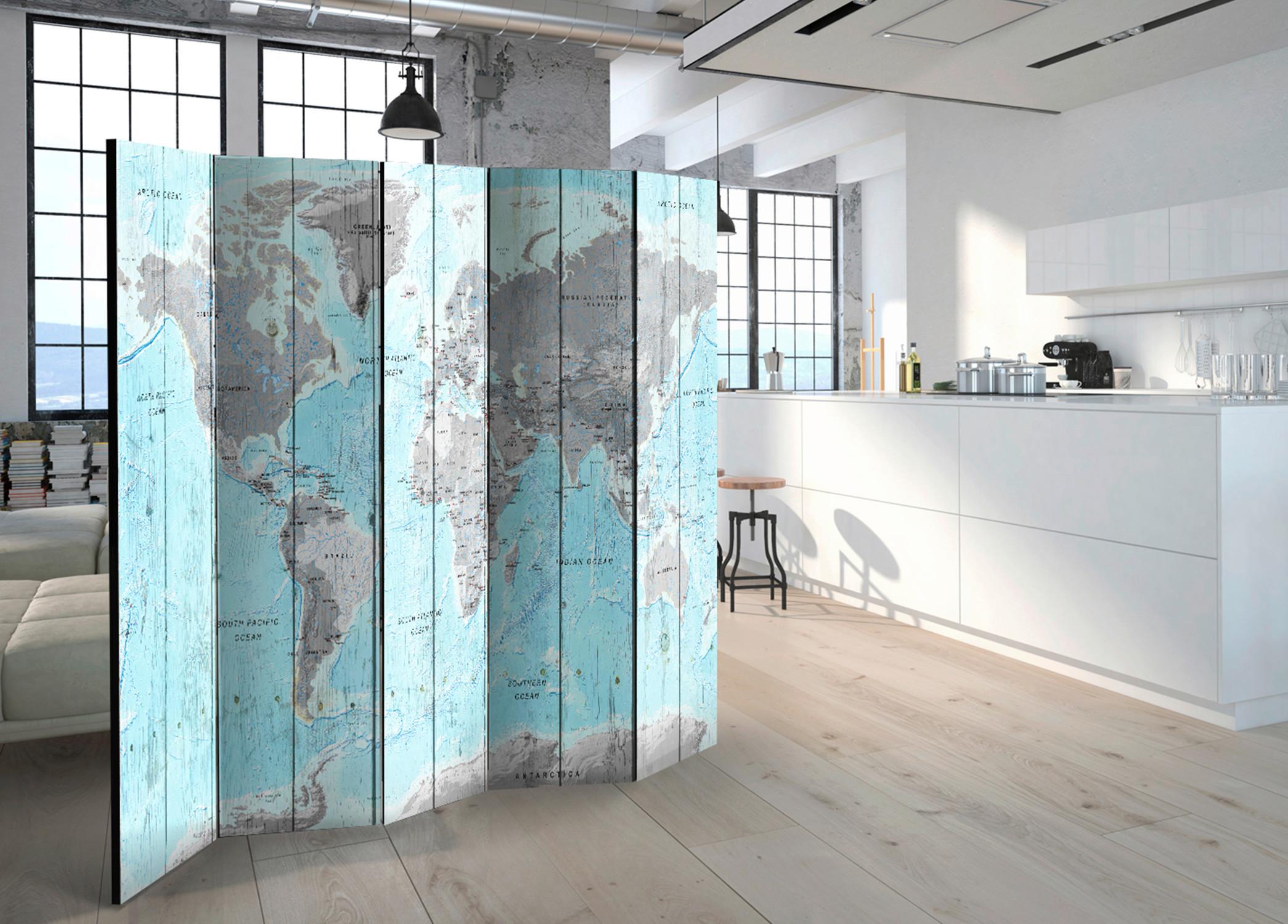 Paravan Wooden Travels, 5-Delni, Dvostranski - svetlo modra/svetlo siva, Basics, tekstil/les (225/172/3cm) - artgeist