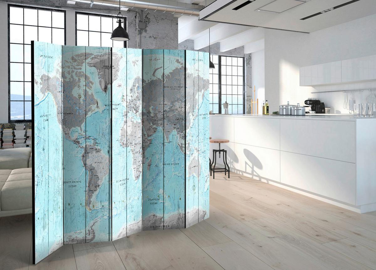 Paravan Wooden Travels, 5-Delni, Dvostranski - svetlo modra/svetlo siva, Basics, tekstil/les (225/172/3cm) - artgeist