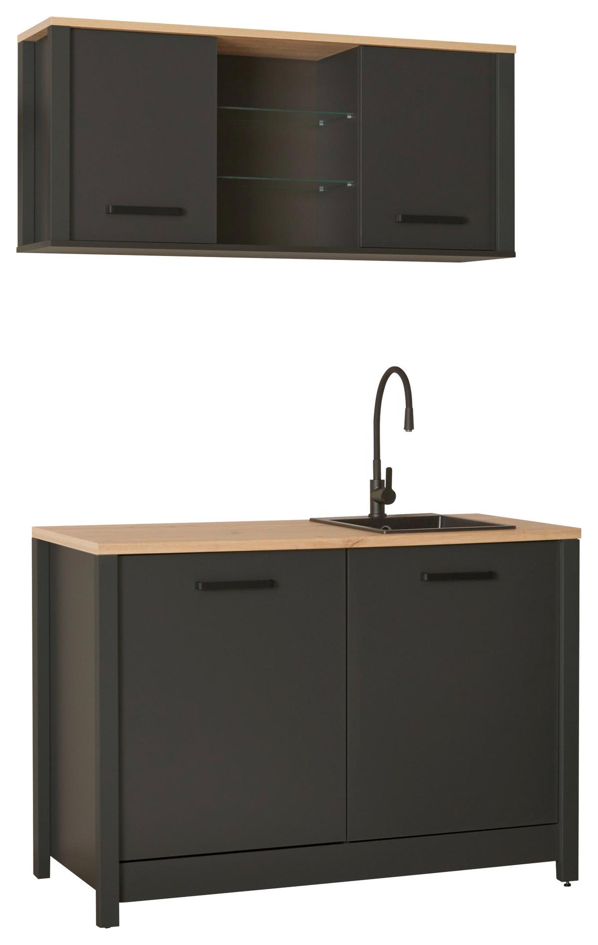 Miniküche Bundle 1 o. Geräte B: ca. 130cm Anthrazit - Anthrazit/Schwarz, MODERN, Glas/Holzwerkstoff (130cm) - home24
