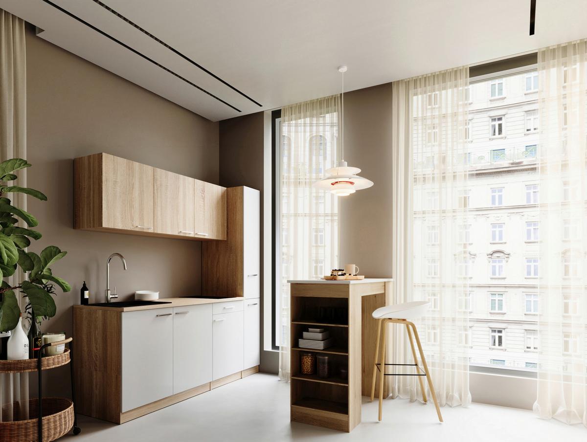 Küchenblock Ingrid m. Gerät Weiß - Eichefarben/Alufarben, Design, Holzwerkstoff/Kunststoff (180cm) - Respekta
