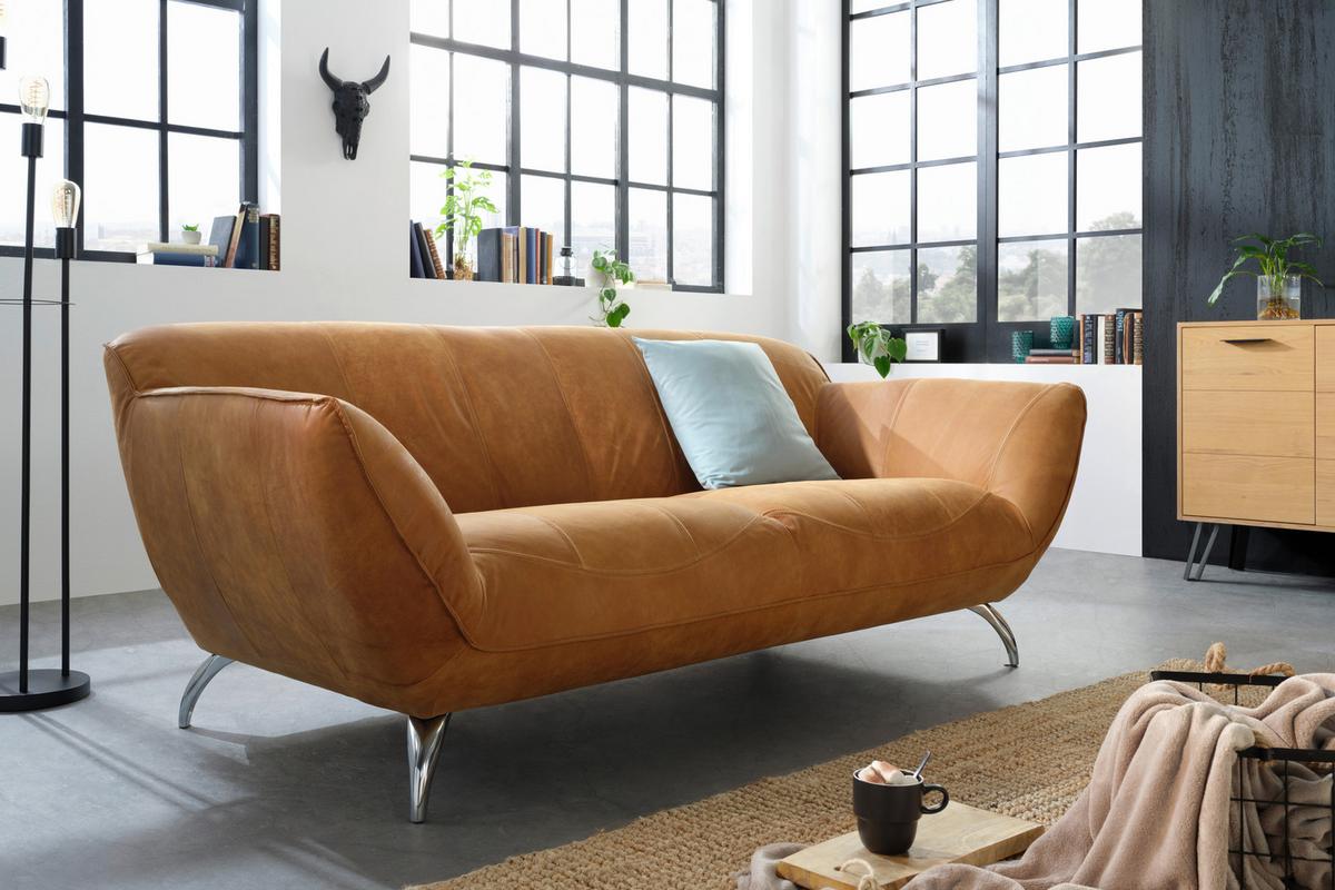 2-Sitzer-Sofa Venezuela aus Echtleder - Hellbraun/Alufarben, LIFESTYLE, Leder (205/83/45/100cm) - Premium Living