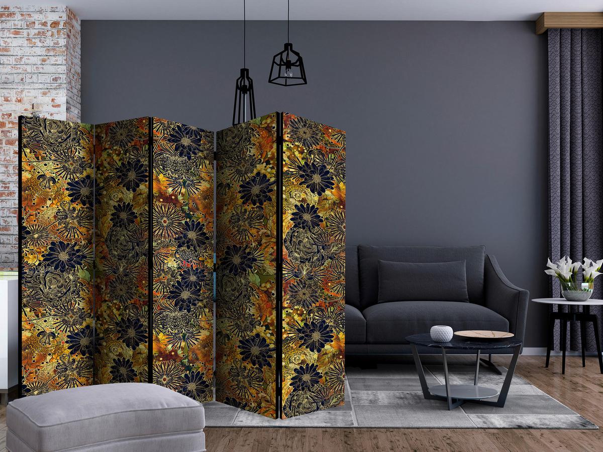 Paravan Floral Madness I, 5-Delni, Dvostranski - črna/rjava, Basics, tekstil/les (225/172/3cm) - artgeist