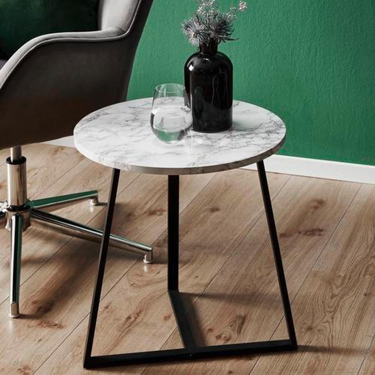 Couchtisch Silvia Weiß/Marmoroptik Rund - Schwarz/Weiß, MODERN, Holzwerkstoff/Metall (45/45cm) - Bessagi Home