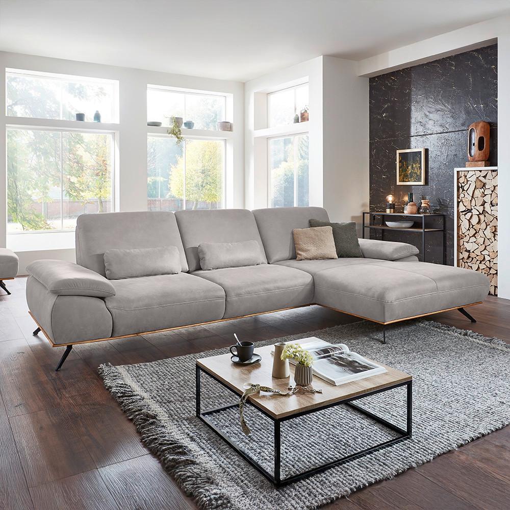 Wohnlandschaft Erling Hellgrau - Beige/Hellgrau, MODERN, Leder/Metall (322/89/187cm) - Premium Living