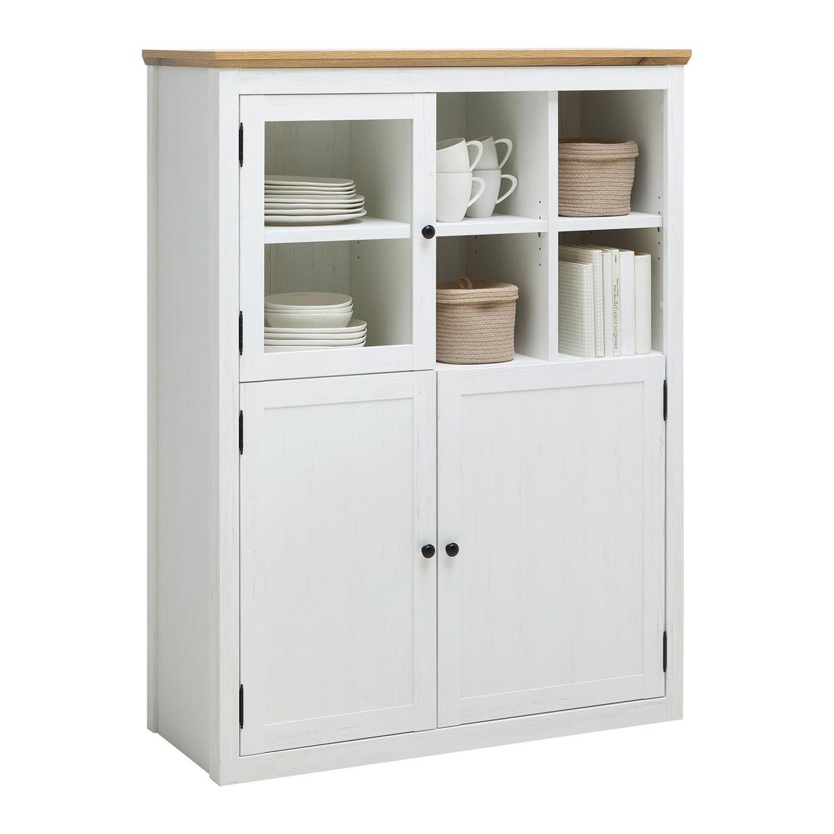 Highboard Korsika Eichefarben/Weiß - Eichefarben/Schwarz, ROMANTIK / LANDHAUS, Glas/Holzwerkstoff (105,5/140/43cm) - Mömax