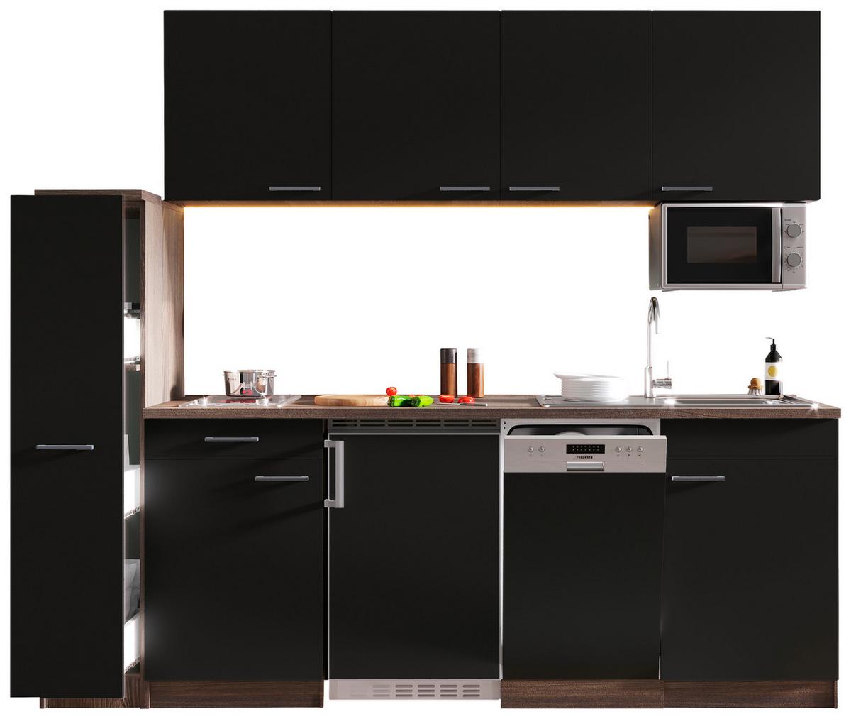 Küchenblock Oliver mit Geräten ca. 225 cm Schwarz - Eichefarben/Schwarz, Basics, Holzwerkstoff/Kunststoff (225cm) - Respekta