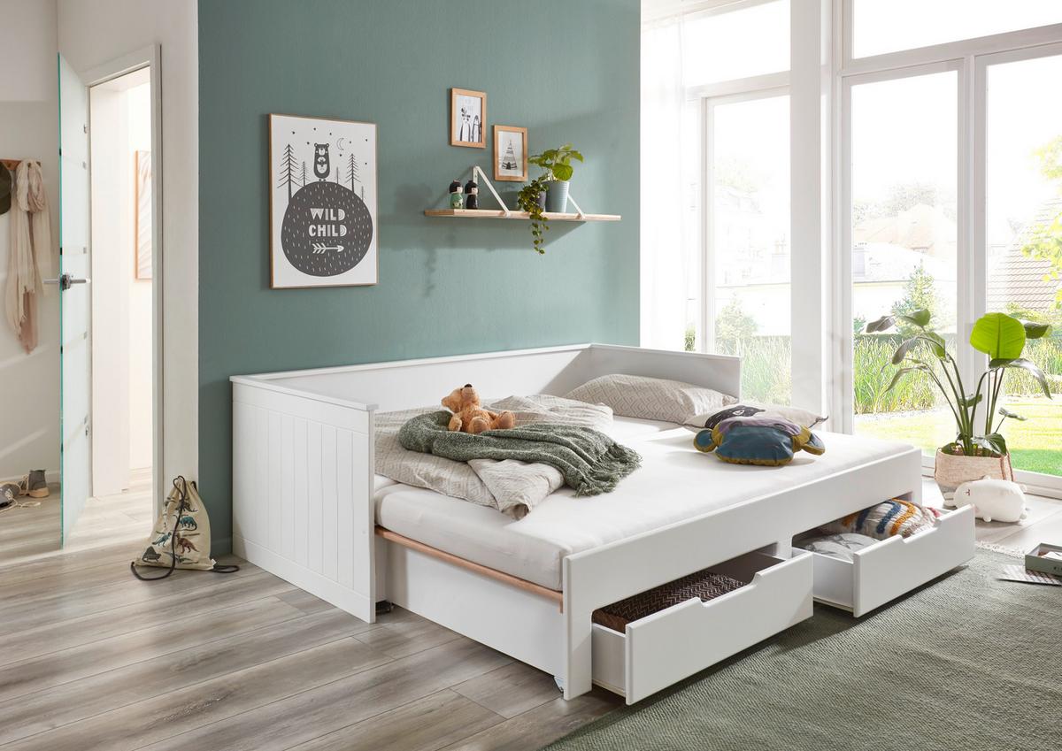 Raztegljiva Postelja Clara, Bela, 90-180x200 - bela/barve bukve, Basics, leseni material/les (90/200cm) - P & B