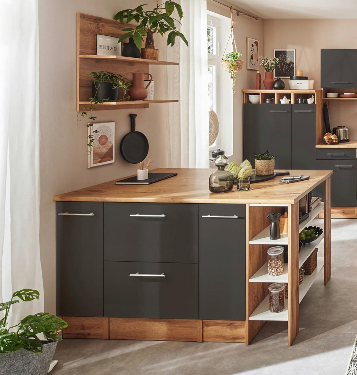 Küchenblock Hilde m. Insel m. Geräten ca.310cm Eiche/Grau - Wildeiche/Alufarben, Design, Holzwerkstoff/Metall (310-150cm) - Respekta