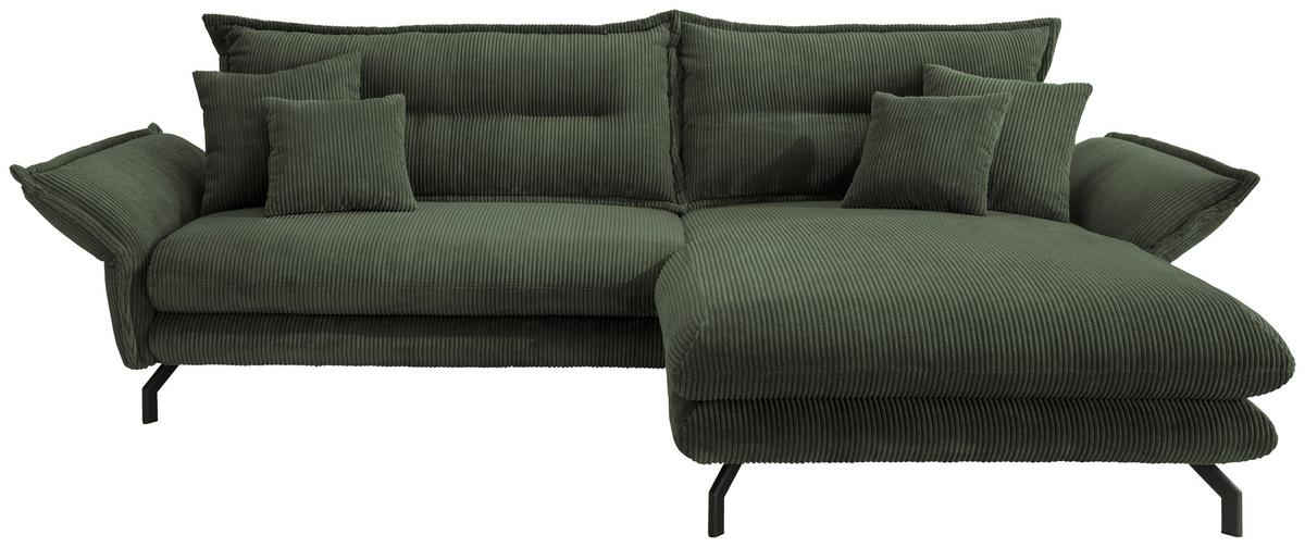 Wohnlandschaft Lava Moosgrün Cord ca. 255x180 cm - Schwarz/Grün, MODERN, Textil/Metall (255/180cm) - Livetastic