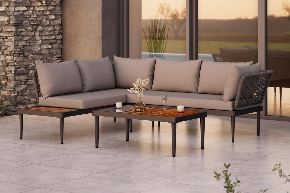 Lounge Garnitura Basel, Siva, Akacija, 3-Delno - siva/naravne barve, Moderno, kovina/steklo (186/150cm) - Beldano