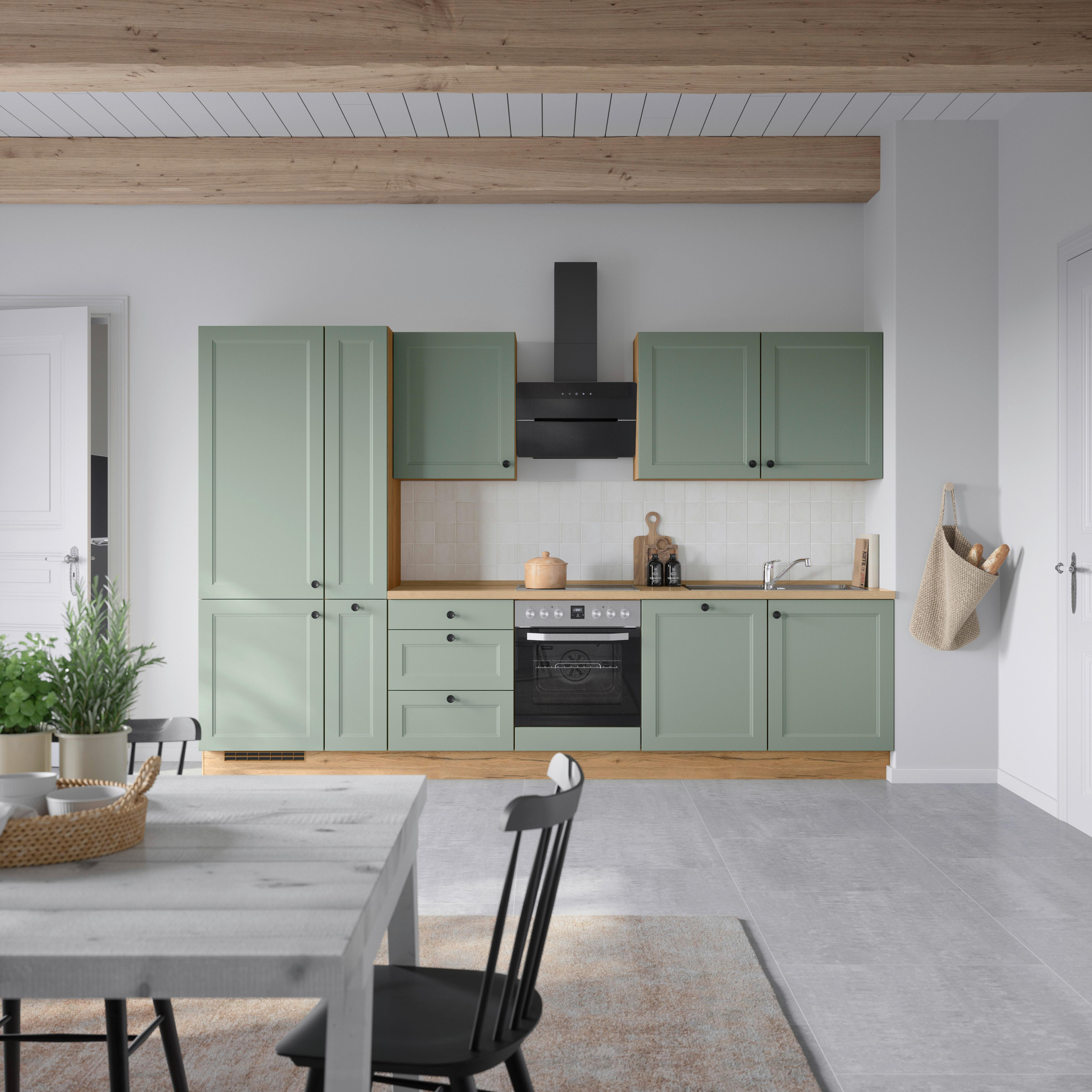 Küchenblock Cascada High m. Geräten Schilfgrün - Schilfgrün/Eichefarben, MODERN, Holzwerkstoff/Metall (330cm) - Nobilia