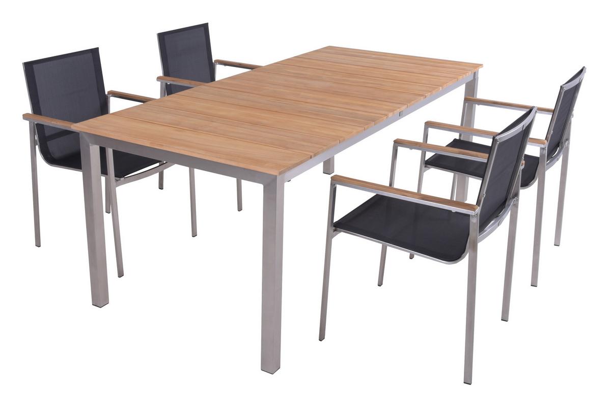 Gartentischgruppe Dallas- Denver Teak 5-tlg. - Dunkelgrau/Silberfarben, Basics, Holz/Kunststoff - Gardenson