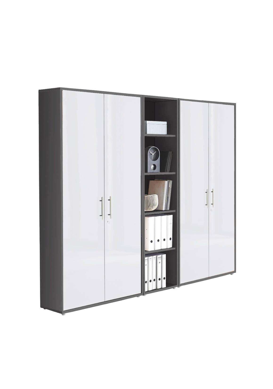 AKTENSCHRANK OFFICE EDITION - SW SET 10 - Weiß Hochglanz/Anthrazit, MODERN, Holzwerkstoff (212,9/185,6/33cm) - MID.YOU