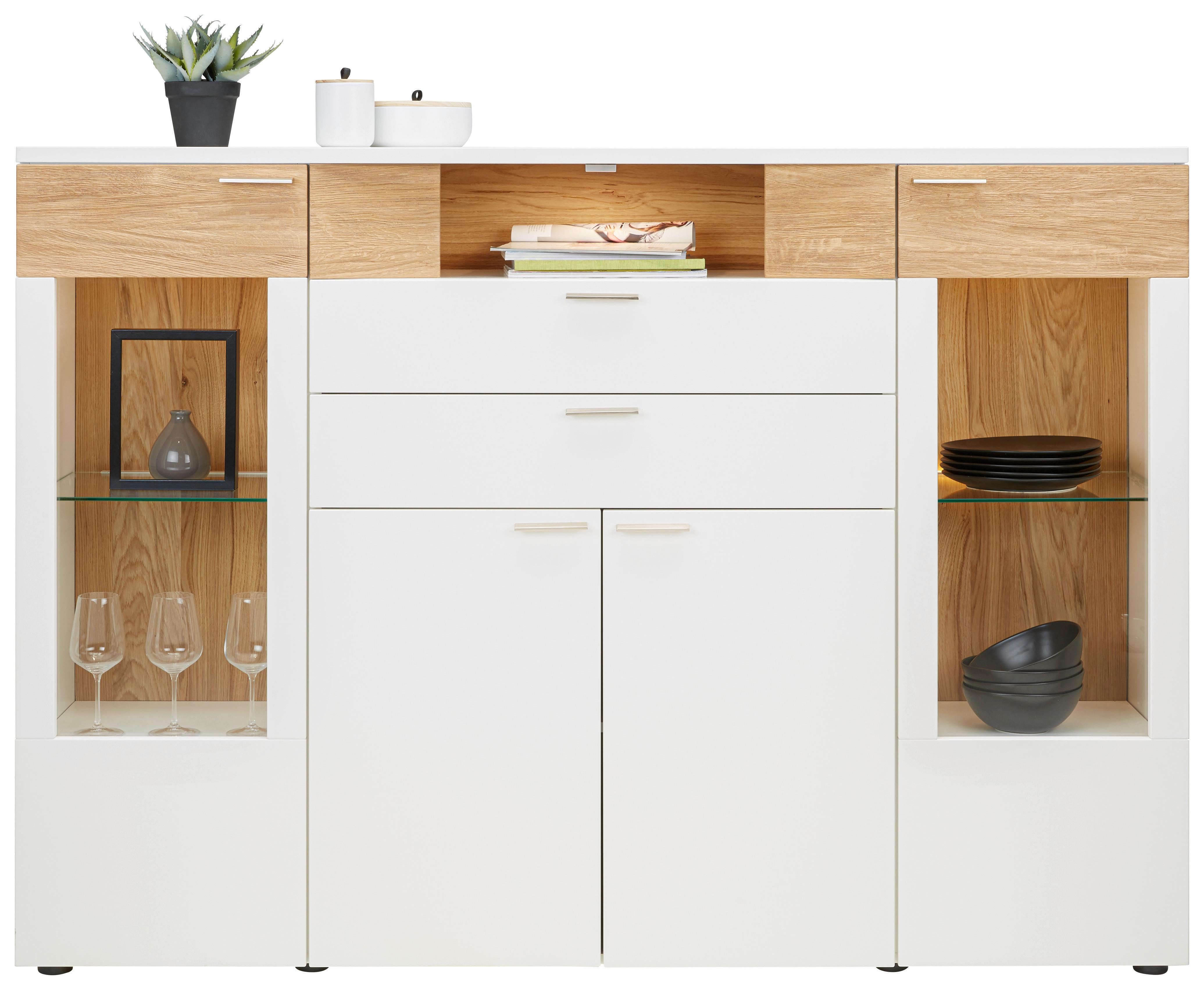 Highboard aus Eiche teilmassiv - Weiss/Edelstahlfarben, Modern, Glas/Holzwerkstoff (180/132/40cm) - Premium Living