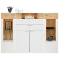 Highboard aus Eiche teilmassiv - Weiss/Edelstahlfarben, Modern, Glas/Holzwerkstoff (180/132/40cm) - Premium Living