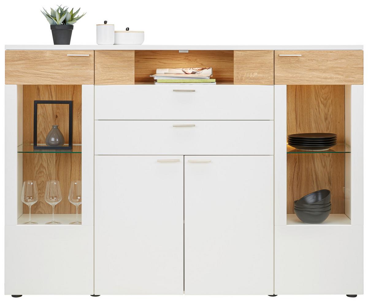 Highboard aus Eiche teilmassiv - Weiss/Edelstahlfarben, Modern, Glas/Holzwerkstoff (180/132/40cm) - Premium Living