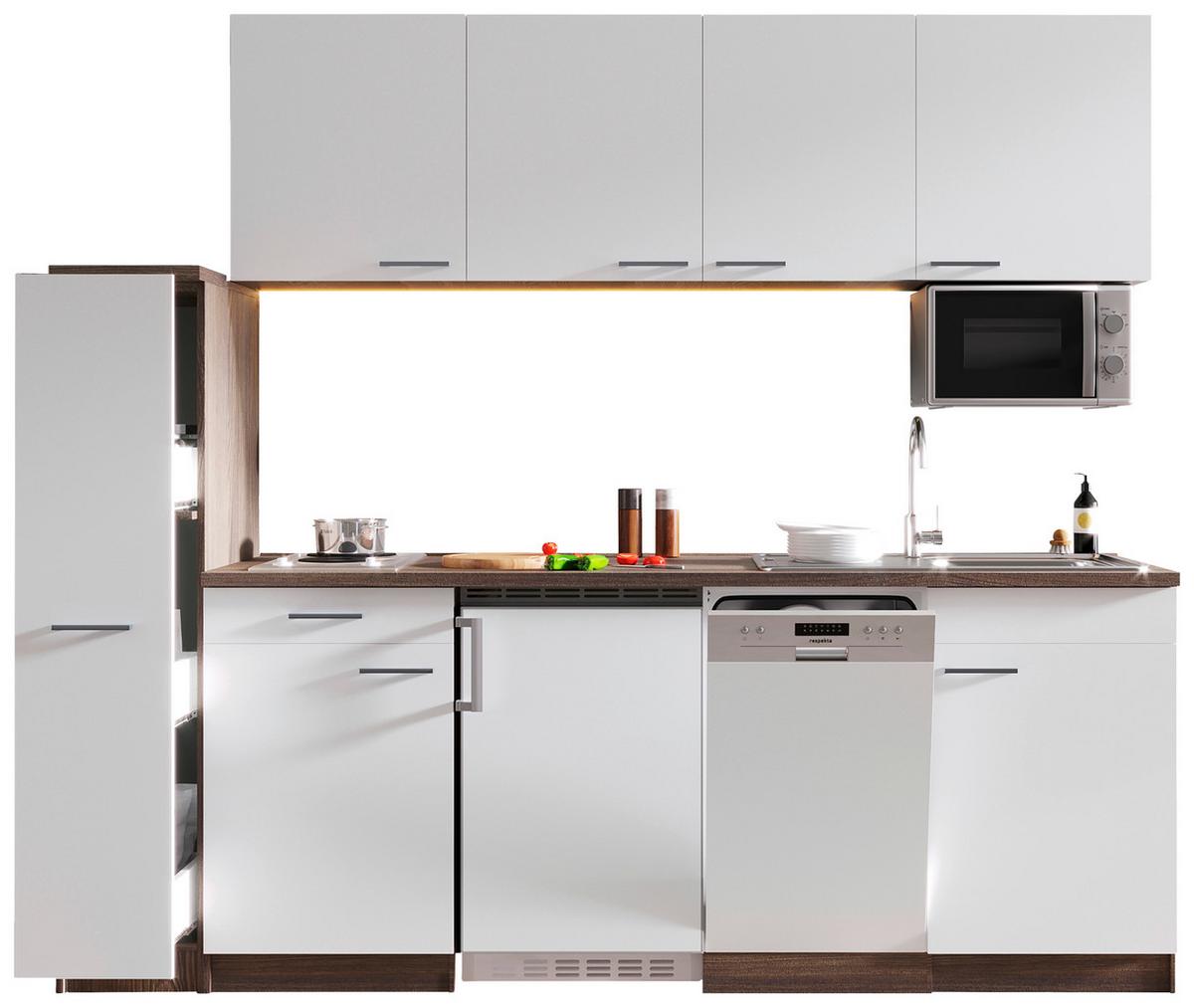 Küchenblock Oliver mit Geräten ca. 225 cm Weiß - Eichefarben/Alufarben, Basics, Holzwerkstoff/Kunststoff (225cm) - Respekta
