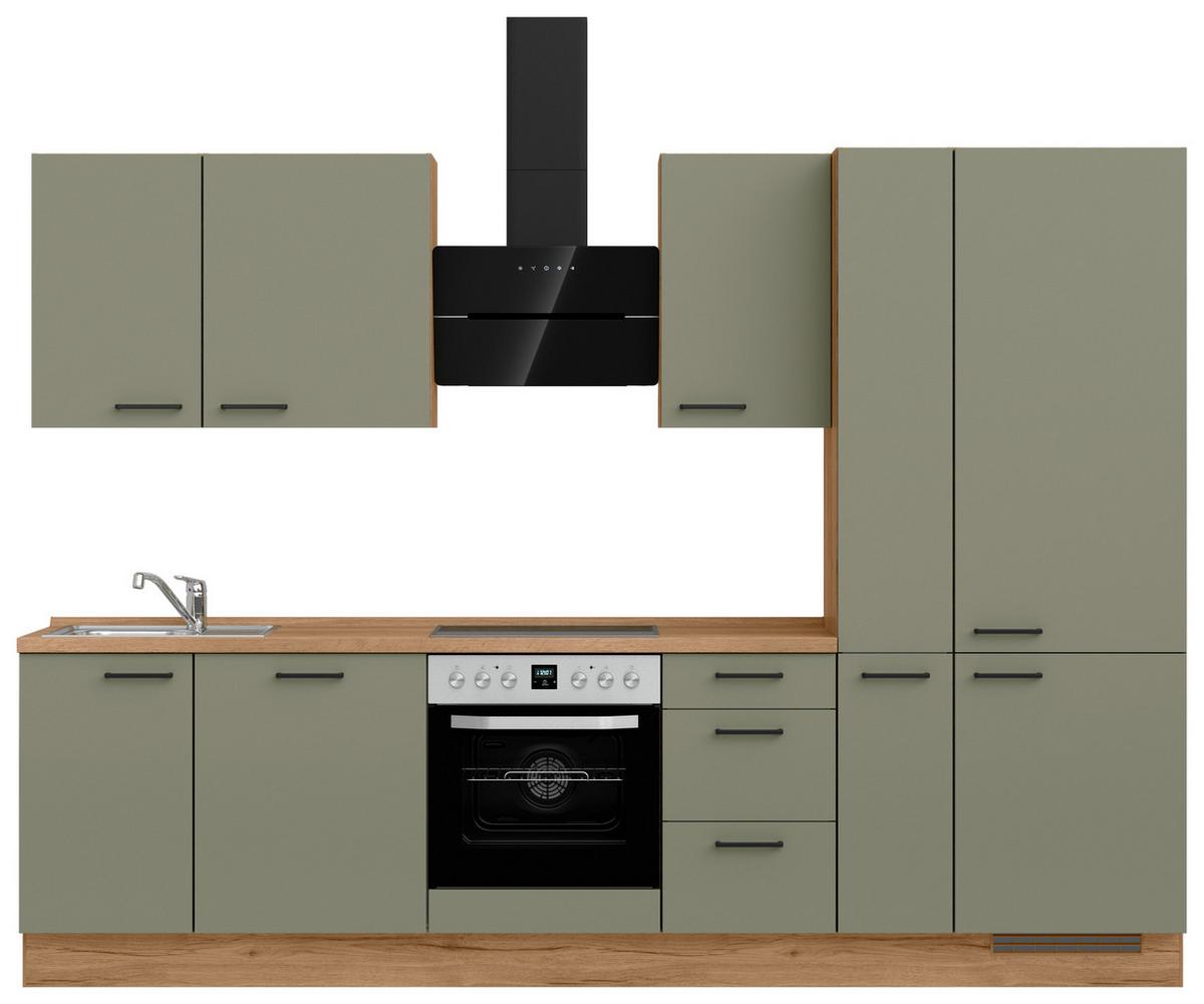 Küchenleerblock Senso High o. Geräte Olivgrün - Eichefarben/Schwarz, ROMANTIK / LANDHAUS, Holzwerkstoff/Metall (300cm) - Nobilia