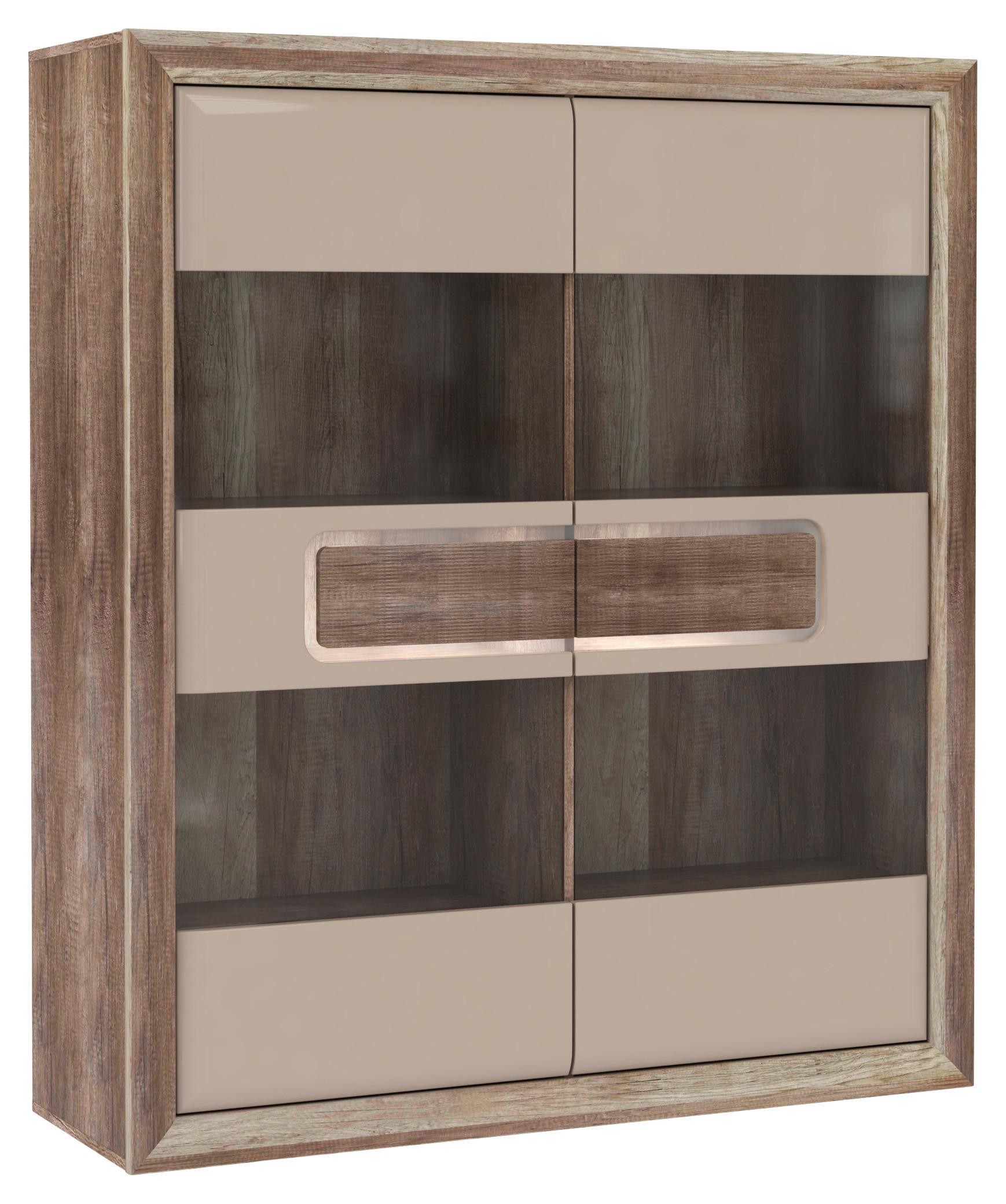 Vitrină Tiziano - bej/culoare lemn stejar, Modern, plastic/sticlă (133,8/155,4/43,5cm) - Modern Living