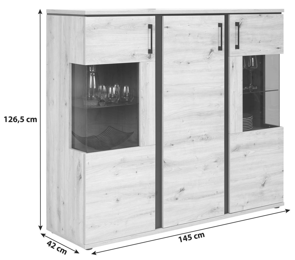 Comodă înaltă NATURE NATK 02 - culoare lemn stejar, Konventionell, sticlă/material pe bază de lemn (145cm)