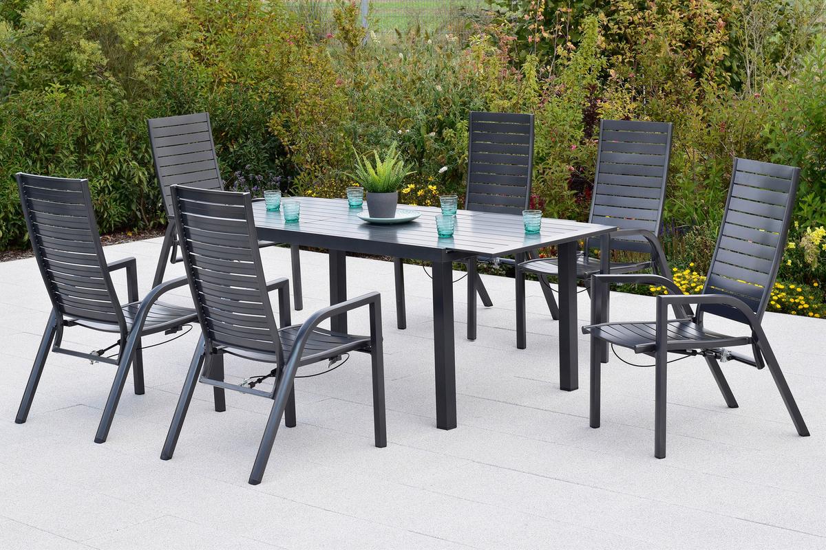 Gartentischgruppe Siros 7-tlg. Graphitfarben - Graphitfarben, KONVENTIONELL, Textil/Metall - Gardenson
