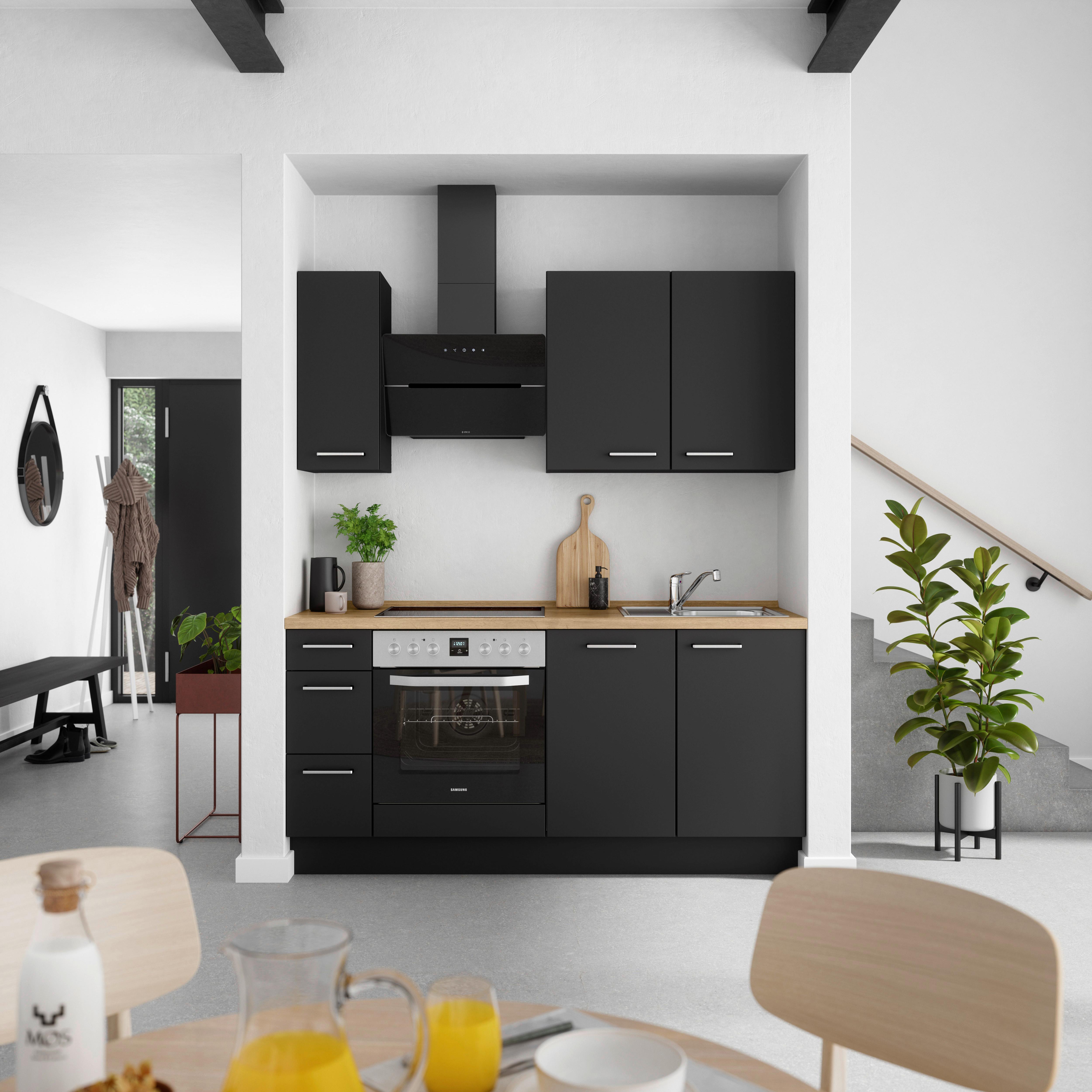 Küchenblock Touch High m. Geräten Schwarz - Edelstahlfarben/Eichefarben, MODERN, Holzwerkstoff/Metall (180cm) - Nobilia