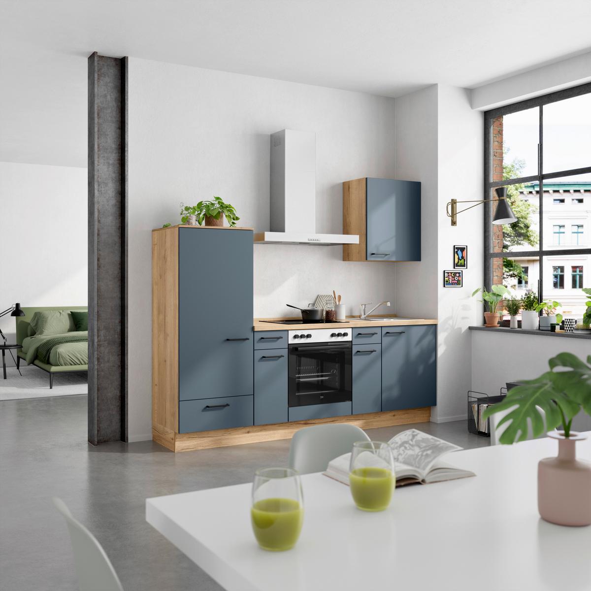 Küchenblock Easytouch Low m. Geräten Dunkelblau - Eichefarben/Schwarz, MODERN, Holzwerkstoff/Metall (240cm) - Nobilia