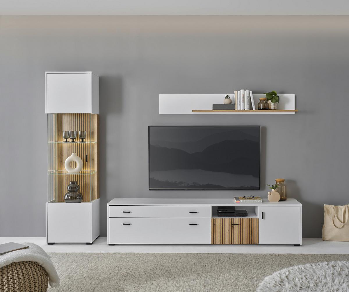 Wohnwand Hudson Weiß/Eichefarben - Eichefarben/Schwarz, Design, Glas/Holzwerkstoff (258/180/42cm) - MID.YOU