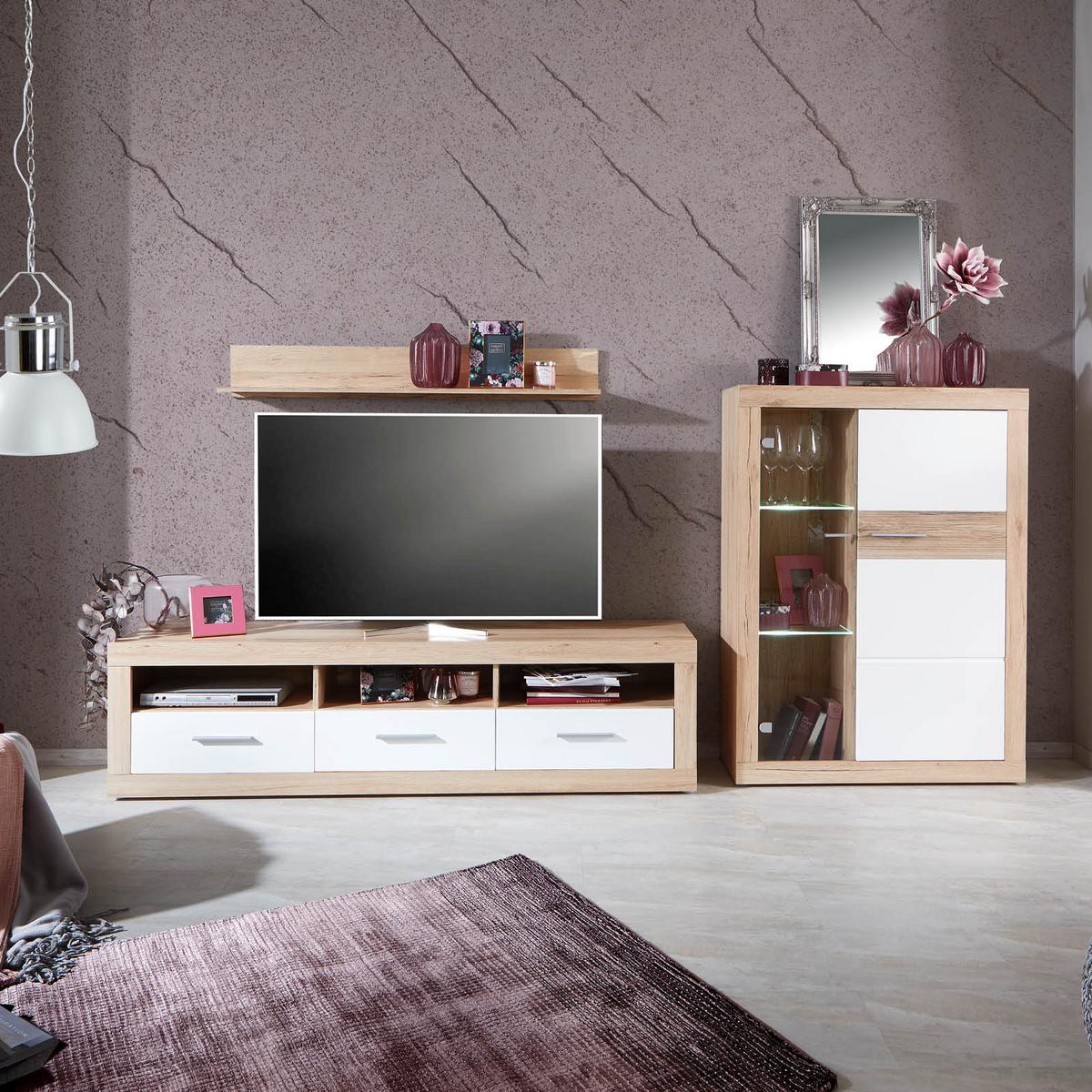 Vitrină Malta - alb/culoare lemn stejar, Modern, material pe bază de lemn (96/132/35cm) - Modern Living