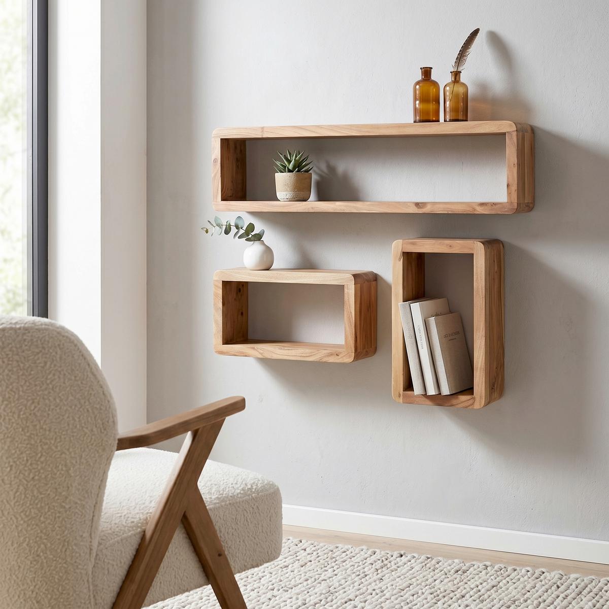 Wandregalset Boha 3er Set Echtholz - Akaziefarben, KONVENTIONELL, Holz (80/20/15cm) - MID.YOU