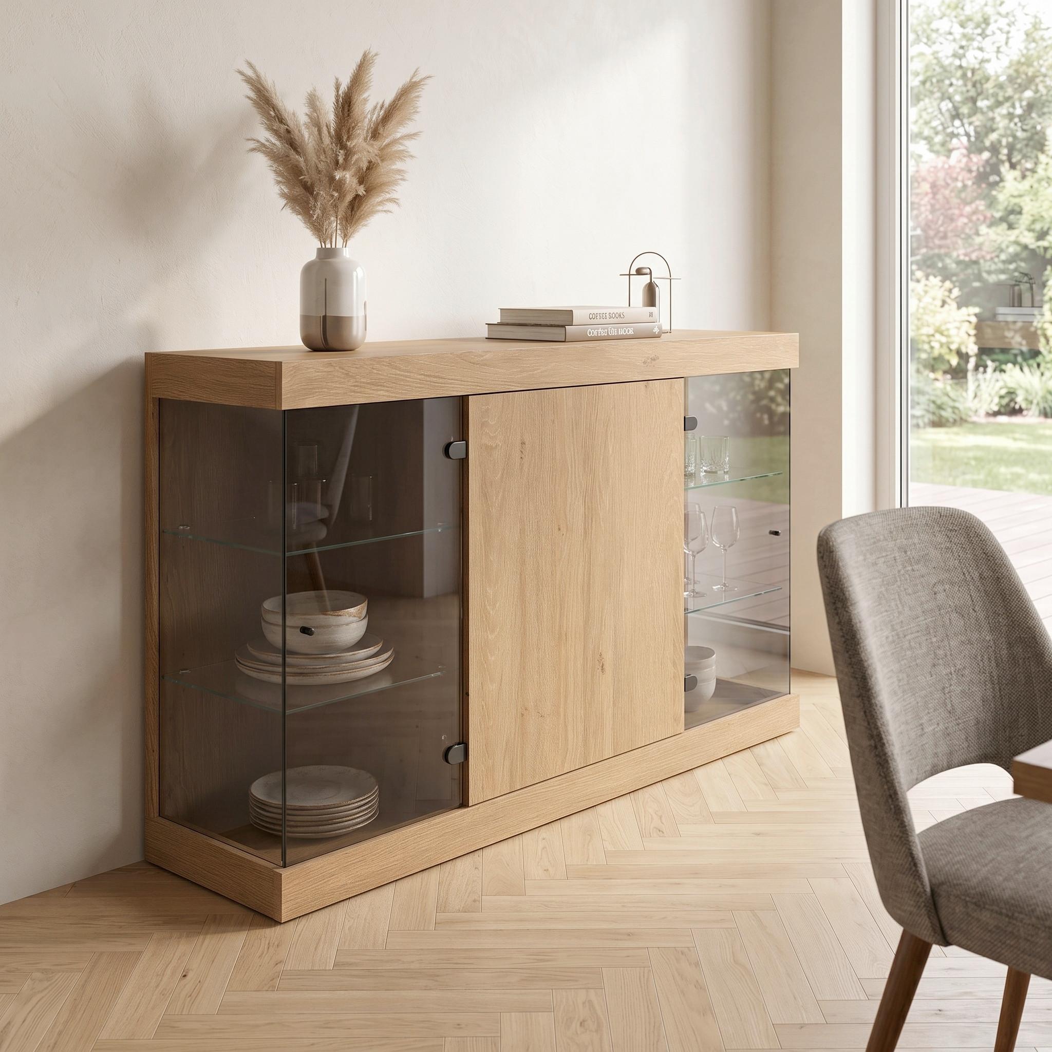 Komoda Aretta - boje hrasta/crna, Moderno, staklo/drvni materijal (140/91,6/41,8cm) - Modern Living