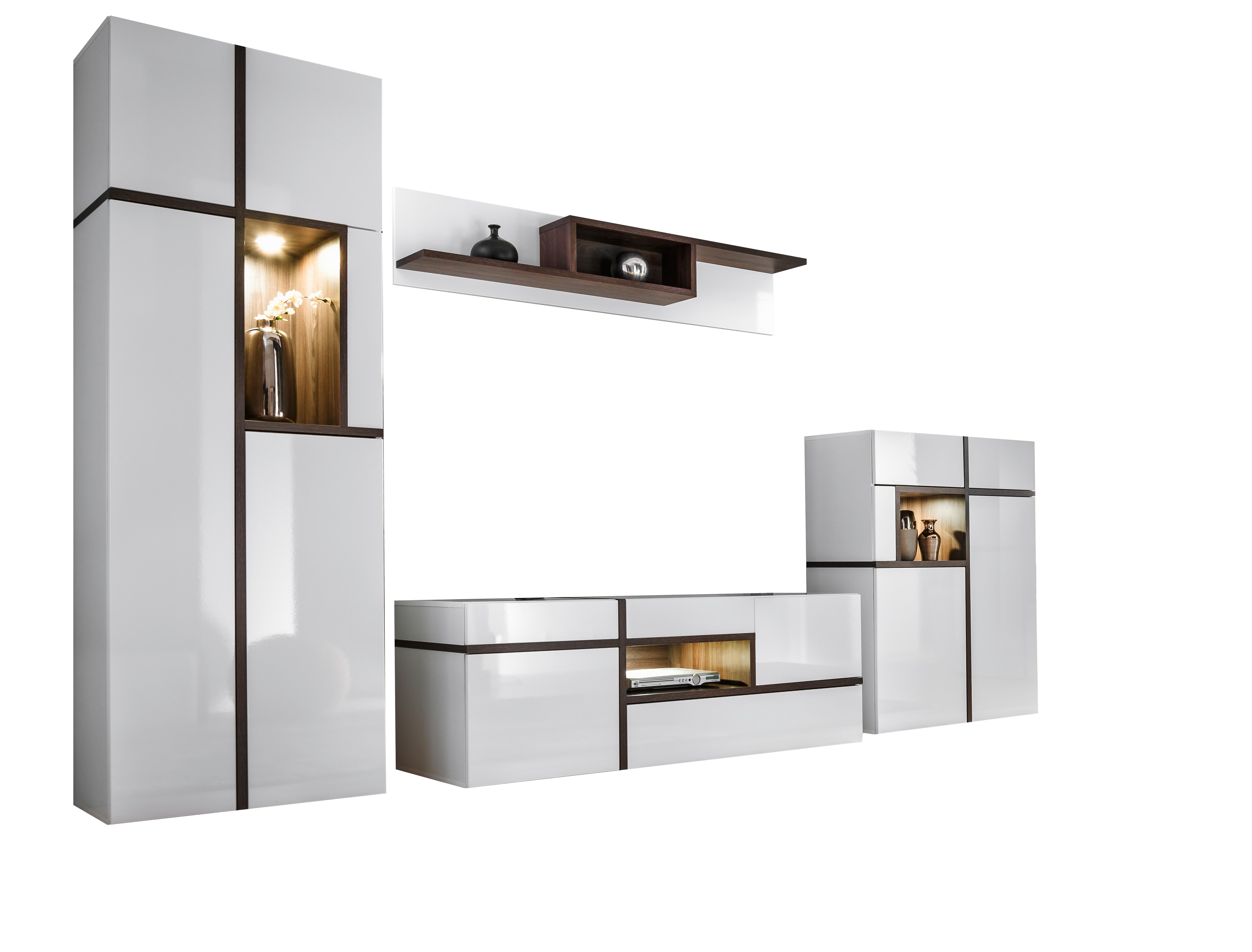 Wohnwand Cross Weiß/Ulmefarben - Ulmefarben/Weiß Hochglanz, MODERN, Holzwerkstoff/Kunststoff (330/195/50cm) - Premium Living