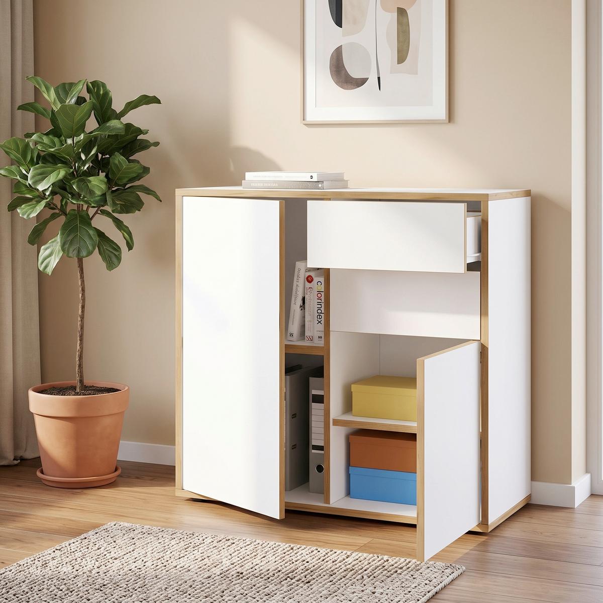 Komoda Salia B80, Bela, Barva Hrasta - črna/bela, Design, umetna masa/leseni material (79/74/33cm) - MID.YOU