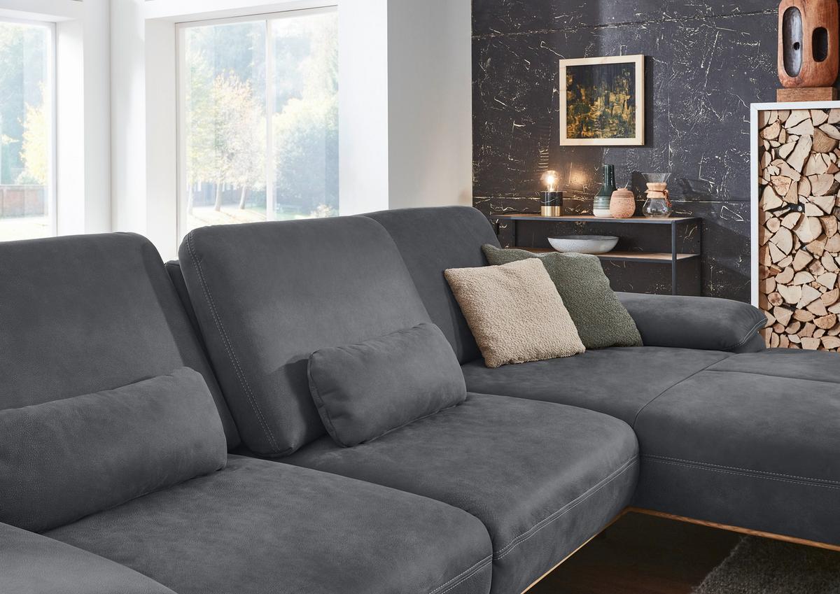 Wohnlandschaft Erling Graphitfarben - Beige/Graphitfarben, MODERN, Leder/Metall (322/89/187cm) - Premium Living