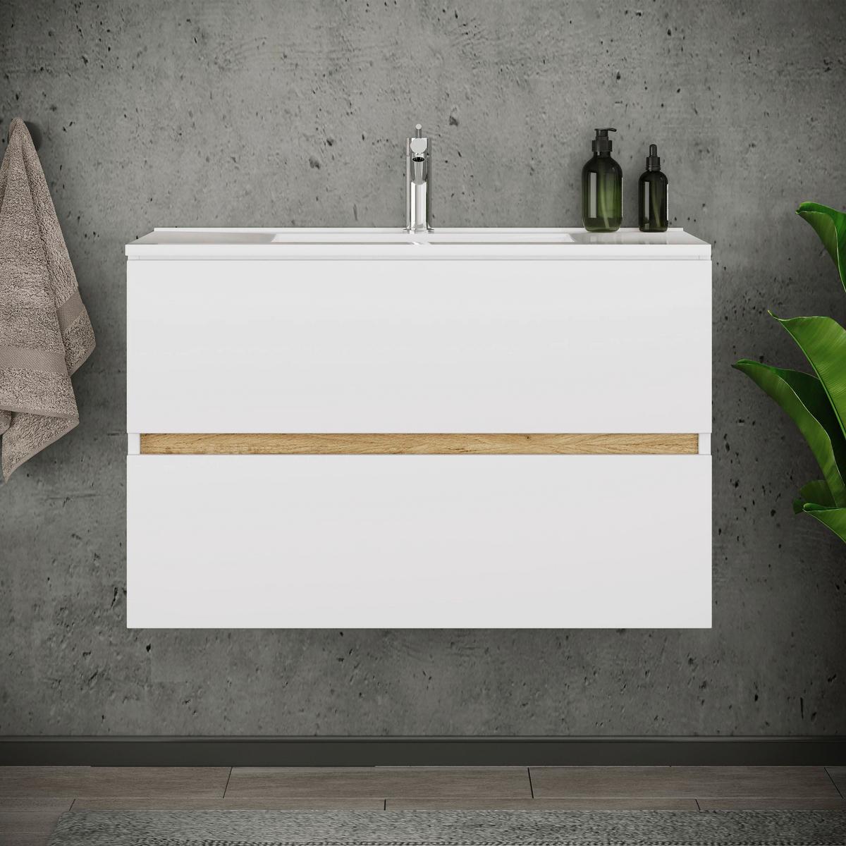 Badezimmer Cosila - Honigeiche/Weiss, Trend, Keramik/Holzwerkstoff (81/51/47cm) - MID.YOU