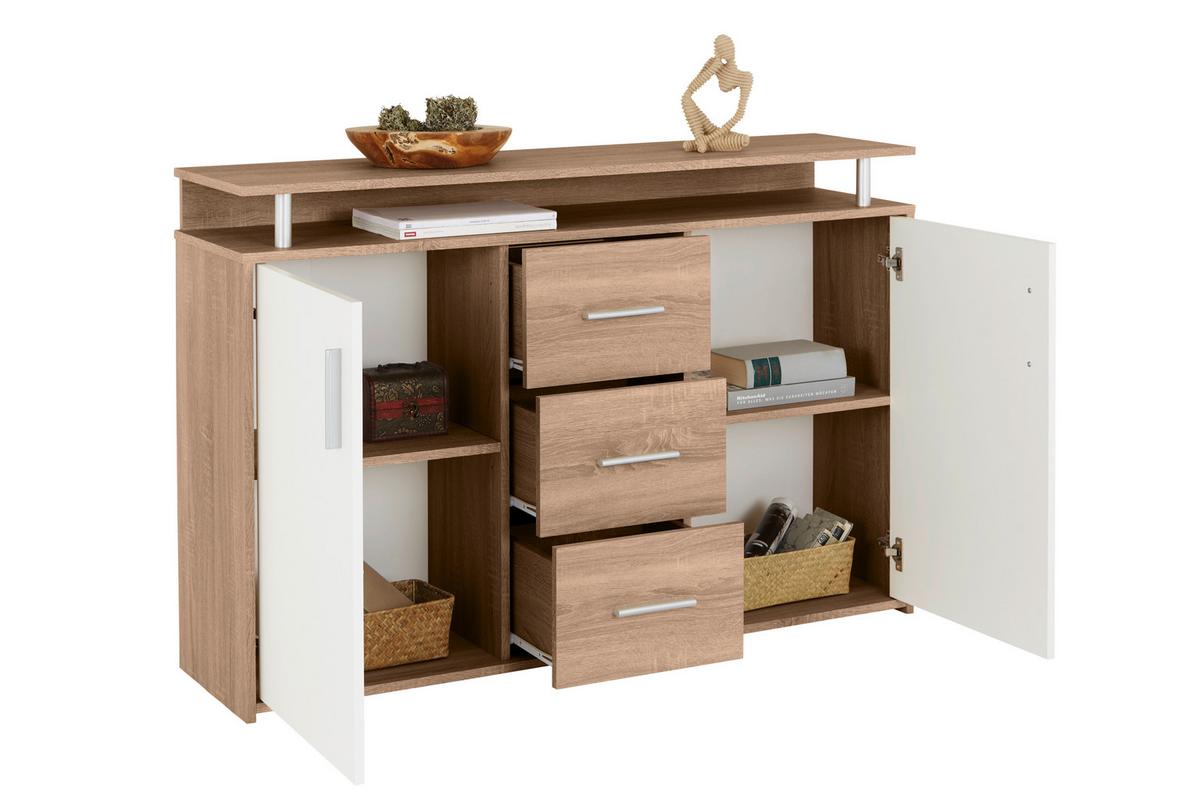 Comodă DRIFT - alb/culoare lemn stejar, Modern, material pe bază de lemn (132/88/34,6cm) - Modern Living
