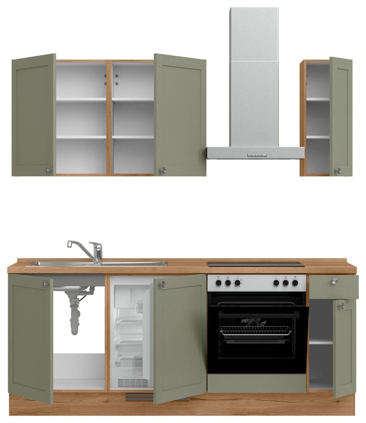 Küchenleerblock Frame Low o. Geräte Olivgrün - Edelstahlfarben/Eichefarben, MODERN, Holzwerkstoff/Metall (210cm) - Nobilia