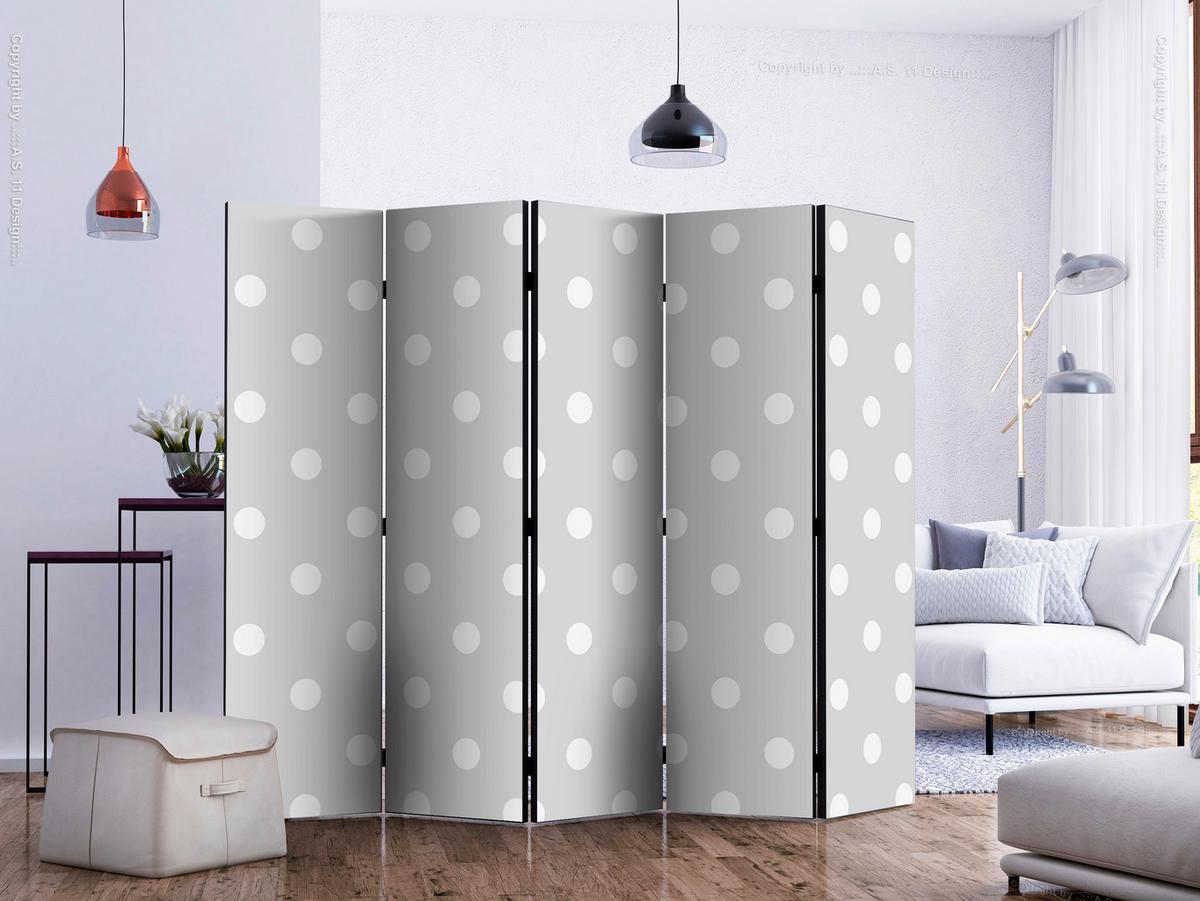 Paravan Cheerful Polka Dots I, 5-Delni, Dvostranski - temno siva/svetlo siva, Basics, tekstil/les (225/172/3cm) - artgeist