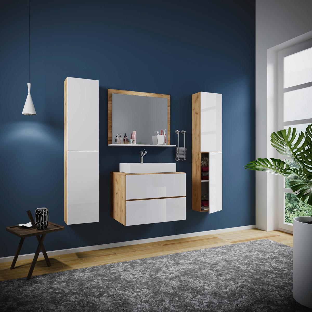 Badezimmer Lendas 5-tlg. ca. 147 cm Weiß/Honigeiche - Honigeiche/Weiß, MODERN, Keramik/Holzwerkstoff (147cm) - MID.YOU