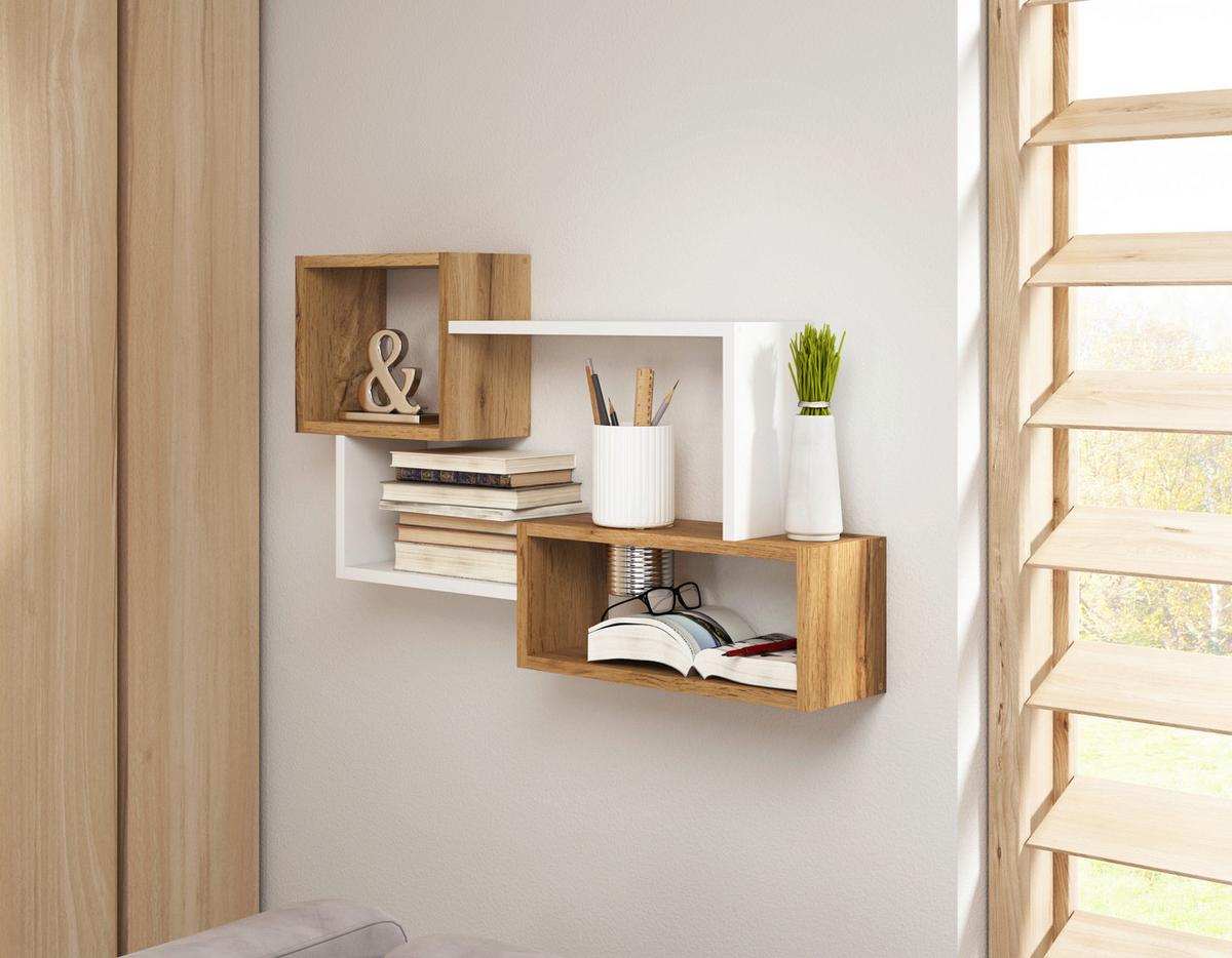Stenski Regal Trio, Barva Hrasta, Bela - hrast wotan/bela, Basics, leseni material (86,8/54,1/18cm) - P & B